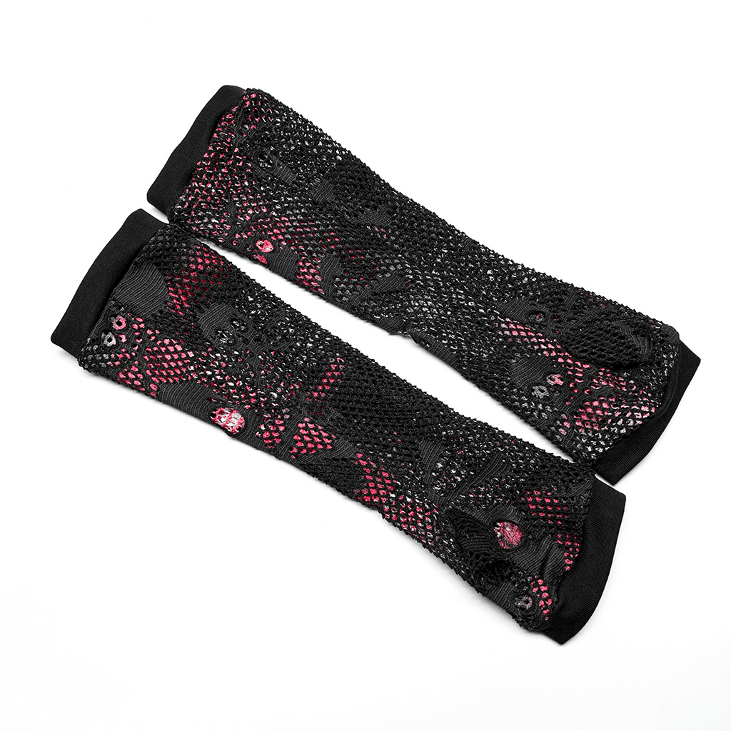Black and red fingerless gloves with mesh overlay and punk skull design, perfect for edgy fashion outfits.