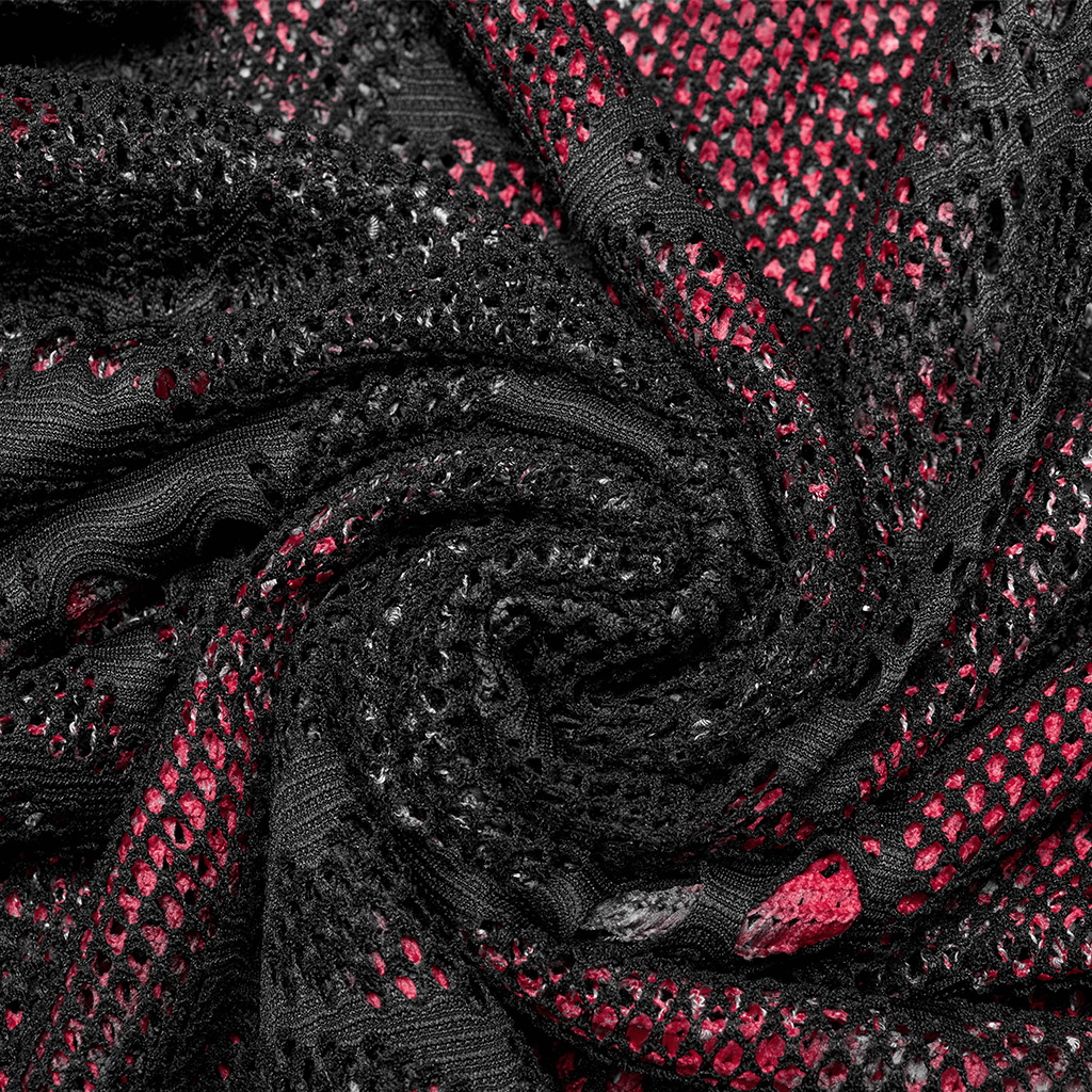 Close-up of black and red mesh fabric, showcasing intricate patterns and textures perfect for punk fashion designs.