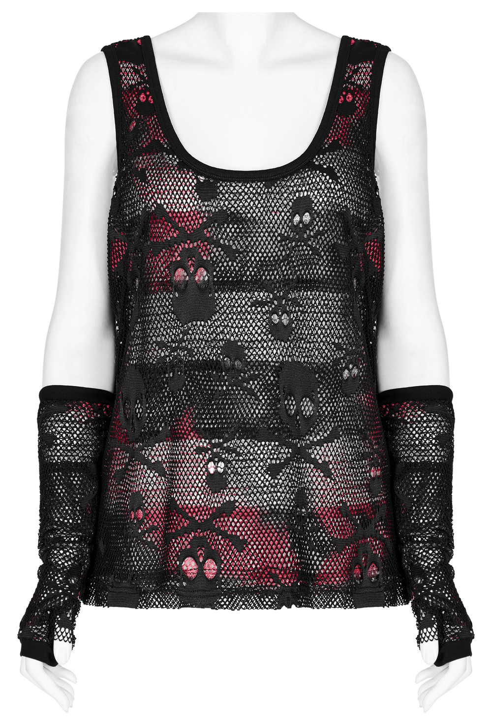 Rebel Skull Mesh Overlay Tank top with fingerless gloves, showcasing edgy design and bold skull patterns.