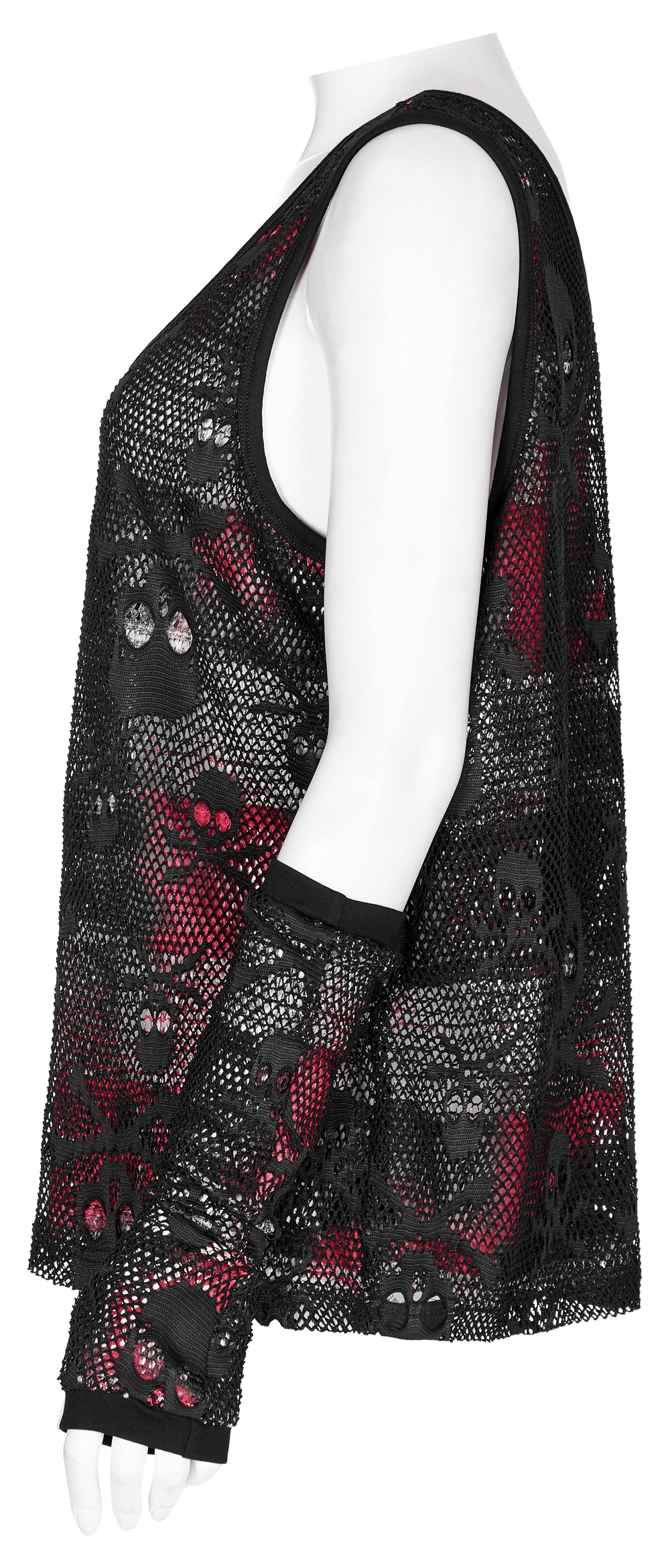 Rebel Skull Mesh Overlay Tank with fingerless gloves, featuring a bold skull pattern and dynamic textures.