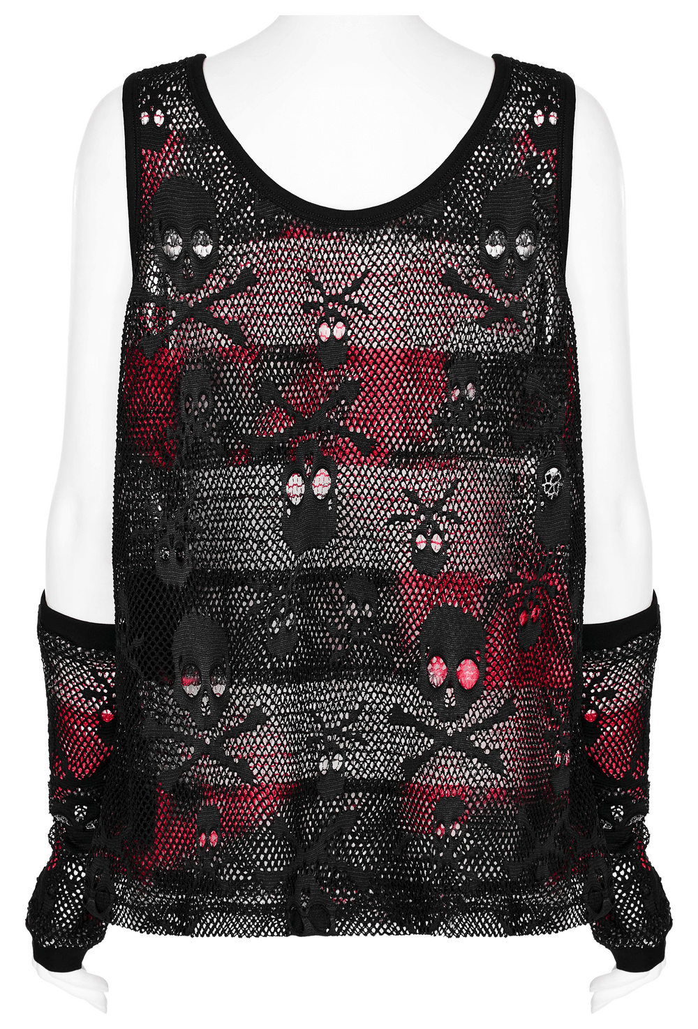 Rebel Skull Mesh Overlay Tank with fingerless gloves, showcasing a bold black and red skull design.