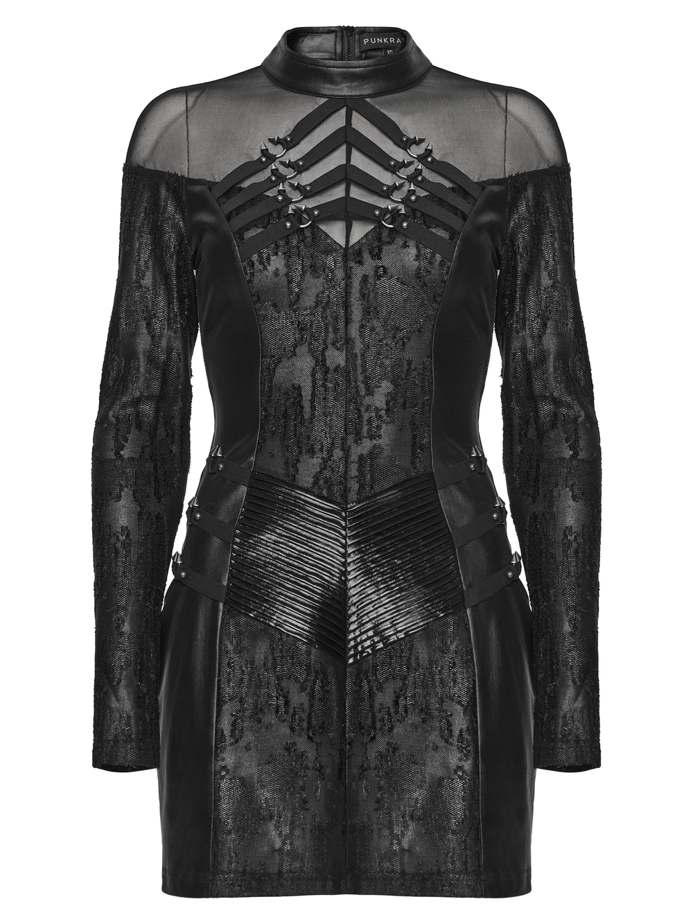 Rebellious Punk Dress with Fish Scale and Mesh Detailing featuring sheer mesh and striking metal rings.
