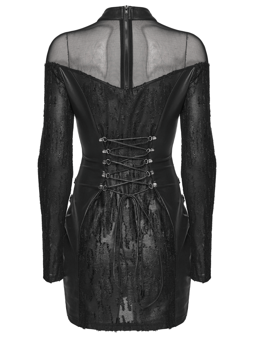 Rebellious Punk Dress with Fish Scale and Mesh Detailing showcasing a lace-up back and sheer mesh detailing.