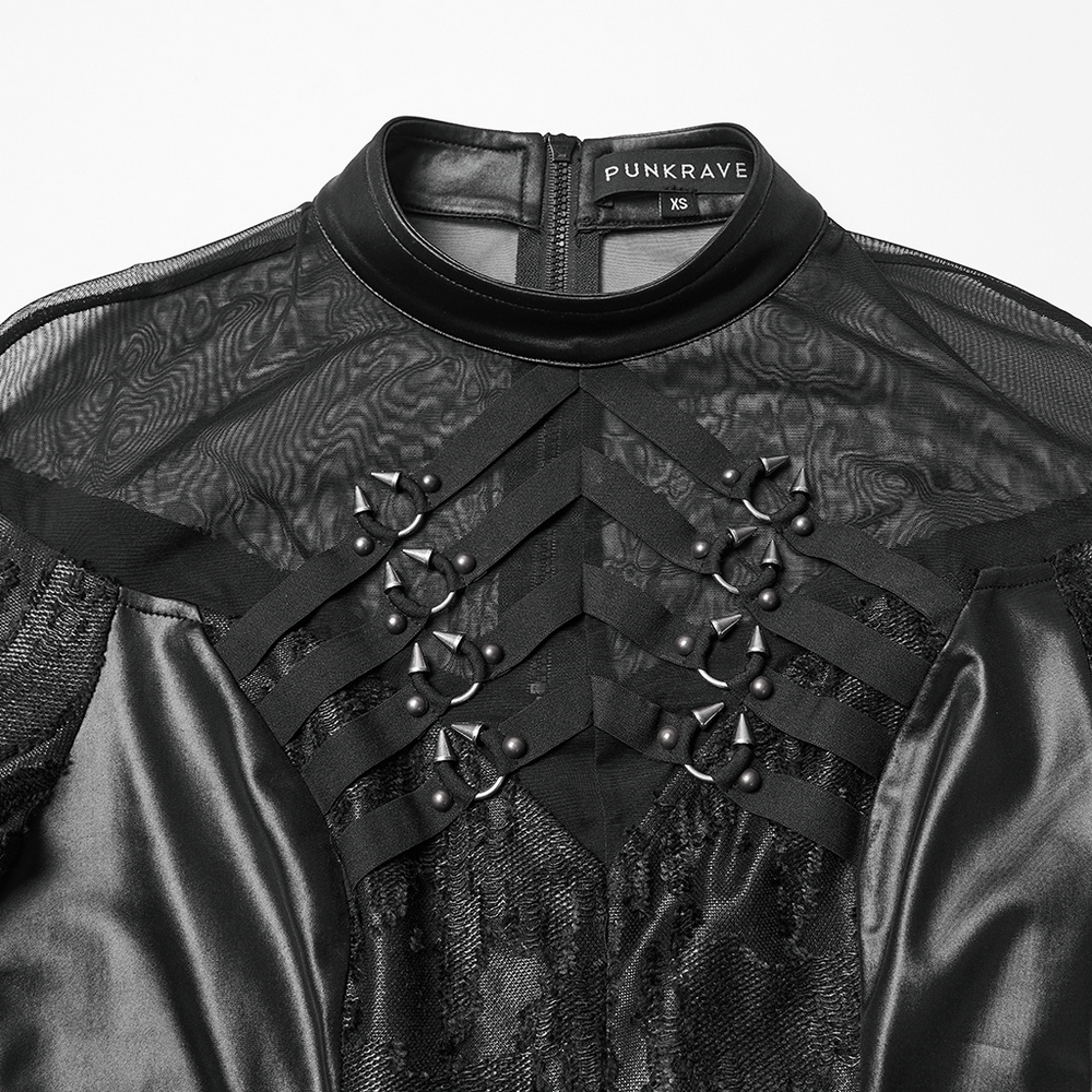 Rebellious Punk Dress with Fish Scale and Mesh Detailing showcasing intricate details and metal rings.