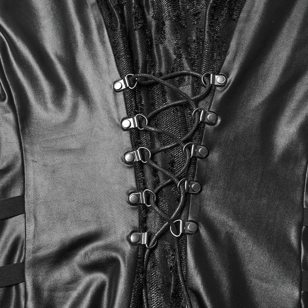 Rebellious Punk Dress with Fish Scale and Mesh Detailing showing intricate lace-up design and sleek fabric texture.