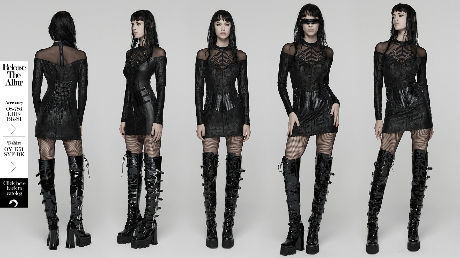 Rebellious Punk Dress with Fish Scale and Mesh Detailing showcased from multiple angles, highlighting its edgy design.