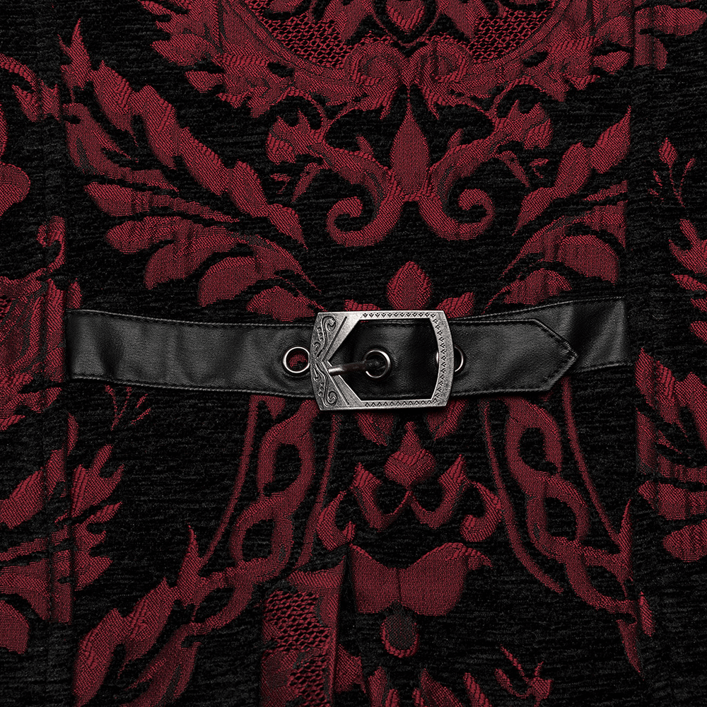 Close-up of the black and red Gothic Victorian waistcoat featuring a stylish belt and intricate jacquard pattern.
