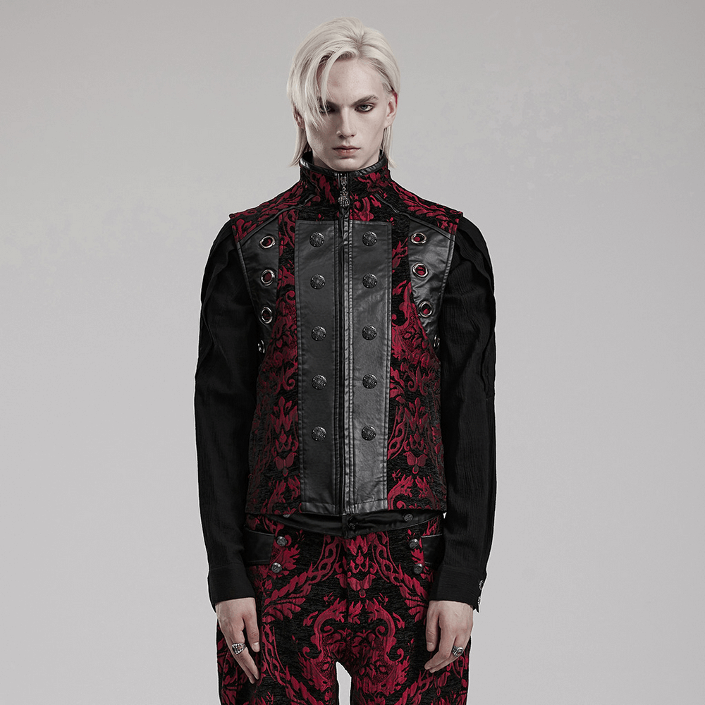 Men's red and black Gothic Victorian waistcoat with jacquard and rubberized fabric accents.