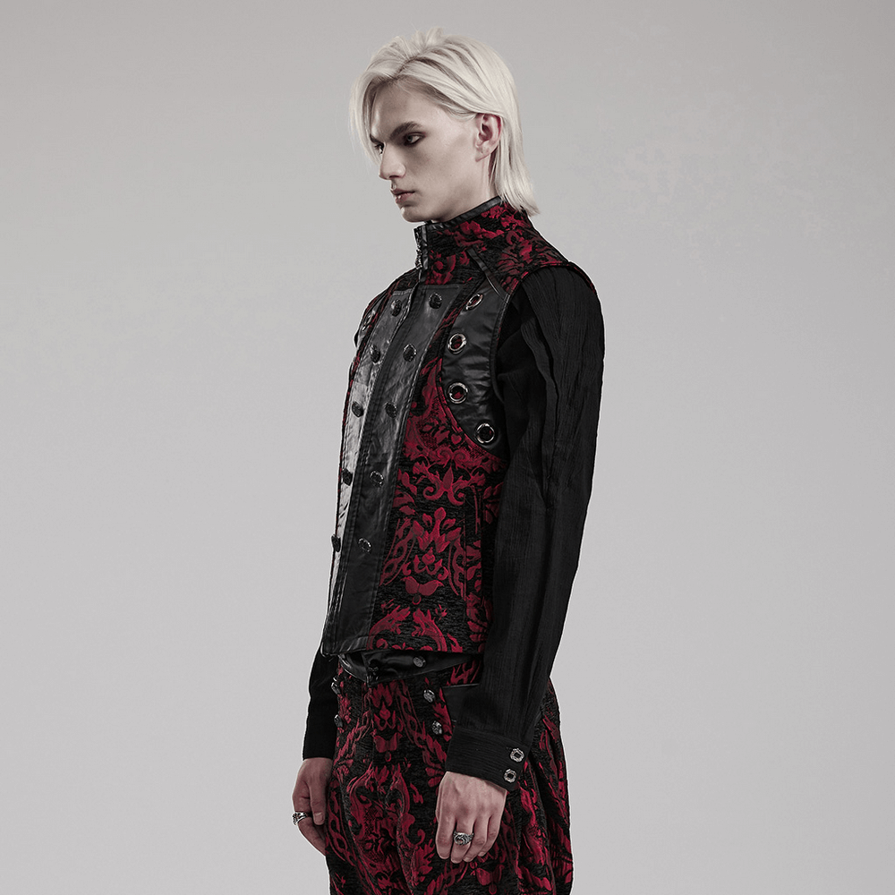 Stylish man in a red and black Gothic Victorian waistcoat, showcasing intricate jacquard design and bold eyelets.