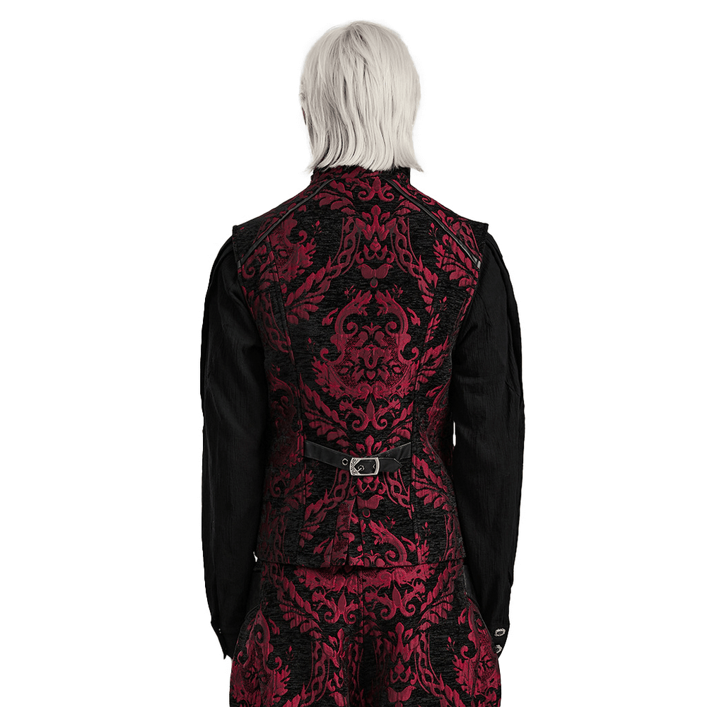 Back view of a red and black Gothic Victorian waistcoat for men, featuring ornate jacquard fabric and stylish design elements.