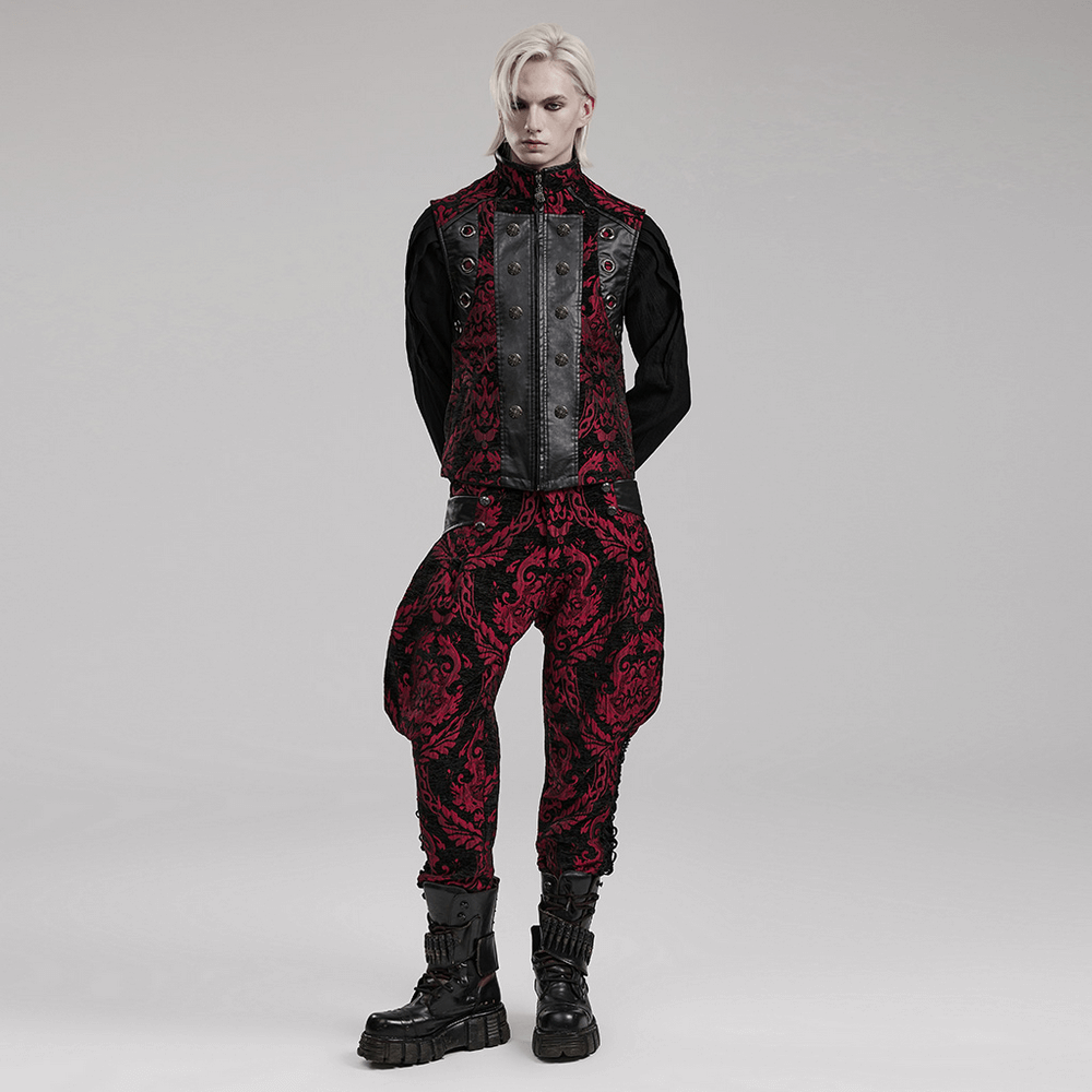 Stylish red and black Gothic Victorian waistcoat for men, featuring Jacquard fabric and bold eyelets.