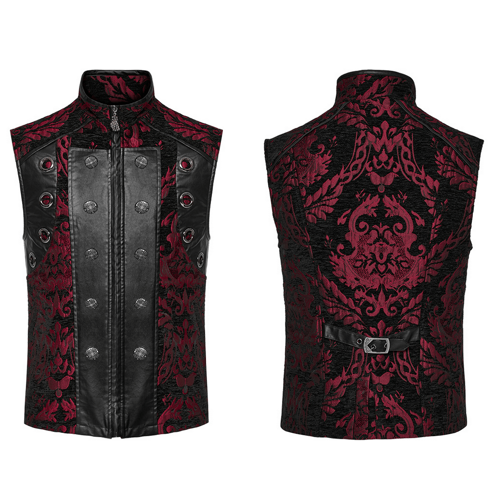 Red and black Gothic Victorian waistcoat for men with stylish jacquard and leather details, perfect for a bold look.