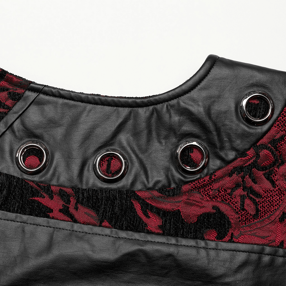 Close-up of the collar and eyelets of a red and black Gothic Victorian waistcoat for men, showcasing intricate craftsmanship.