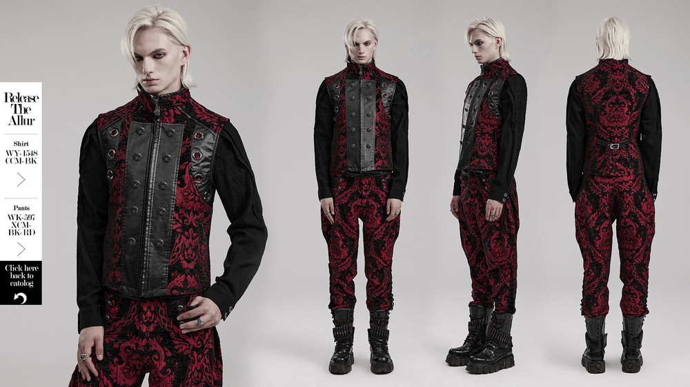 Stylish model wearing a red and black Gothic Victorian waistcoat with brocade design and bold eyelets.