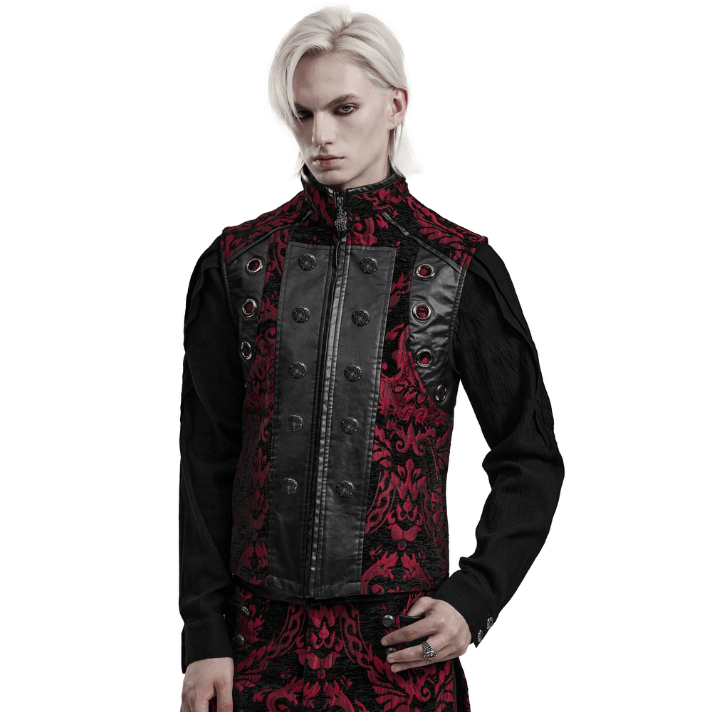 Red and black Gothic Victorian waistcoat for men, featuring jacquard fabric and eye-catching splices.