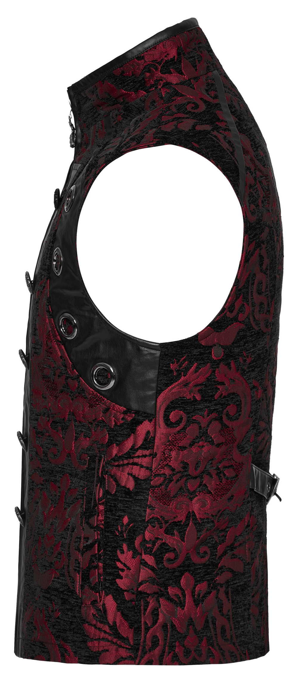 Red and black Gothic Victorian waistcoat for men, featuring exquisite jacquard fabric and bold eyelet details.