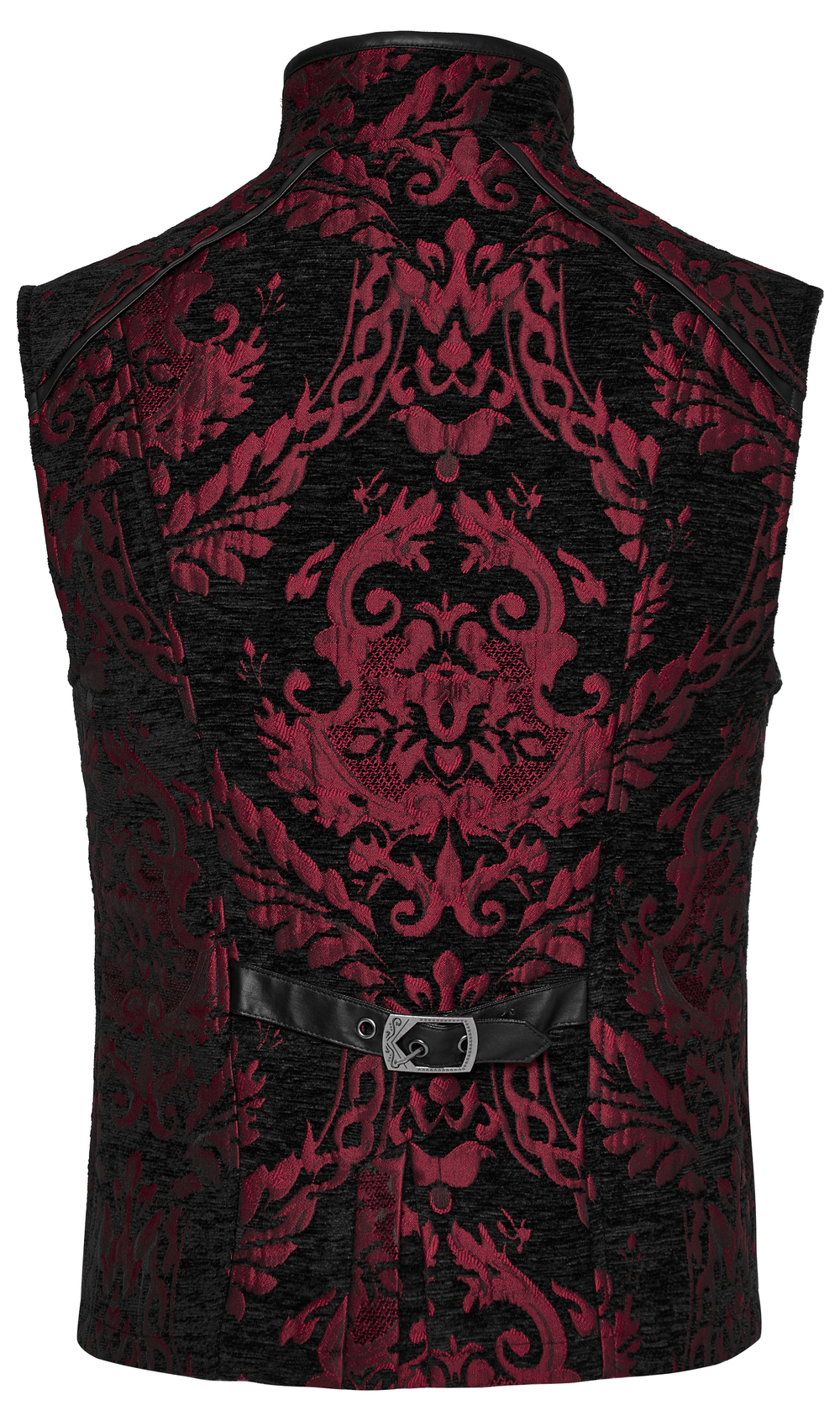 Back view of a red and black Gothic Victorian waistcoat featuring ornate jacquard fabric and a stylish belt detail.