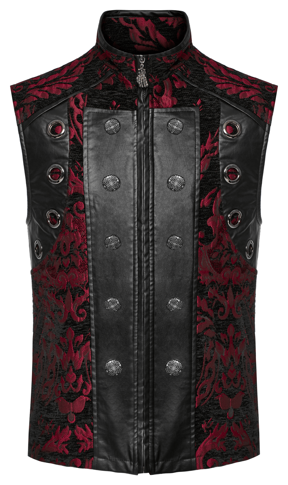 Red and black Gothic Victorian waistcoat for men with jacquard and rubberized fabric details.