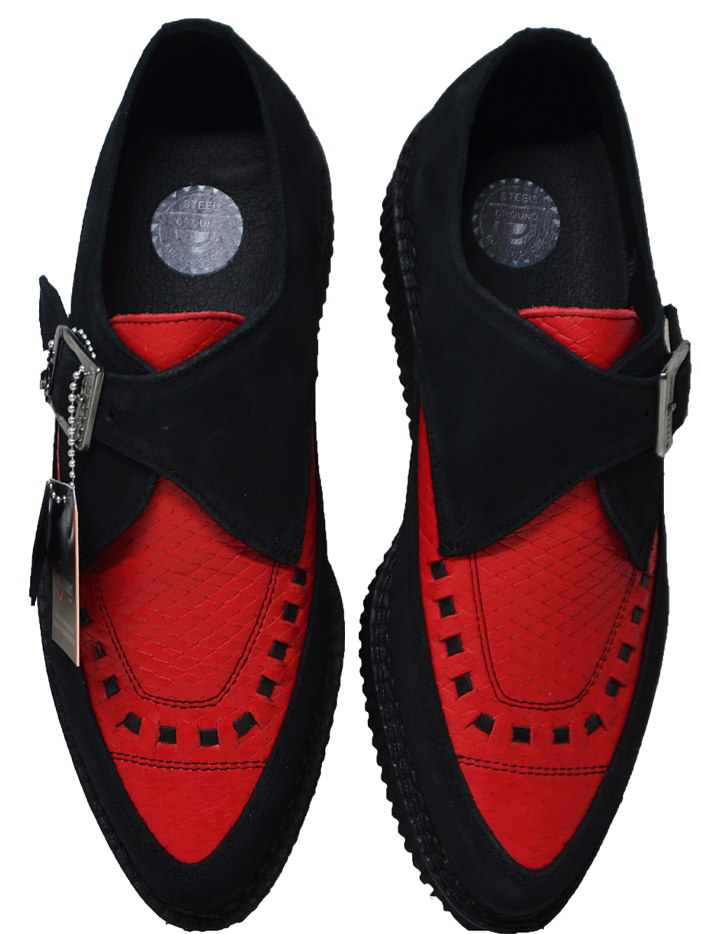 Red And Black Pointed Creeper Shoes with Buckle