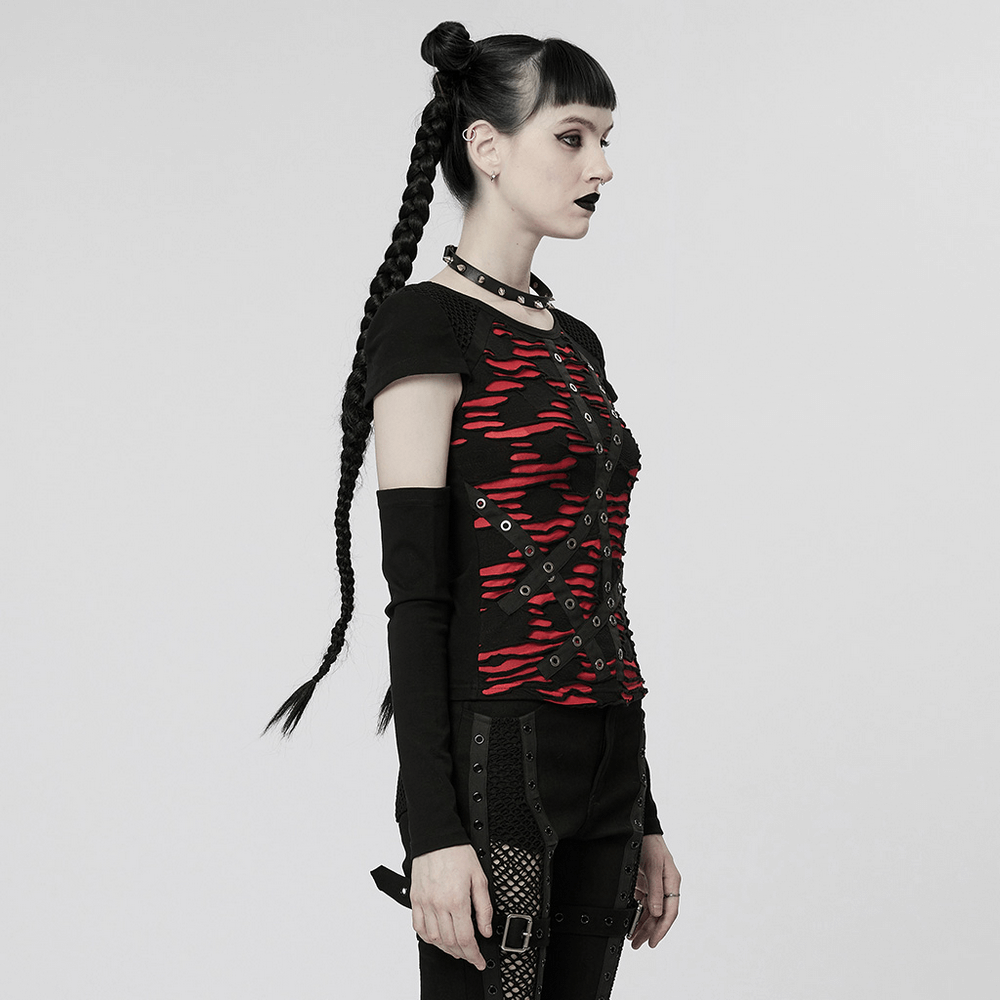 Red and Black Striped Punk Top with Separate Sleeves