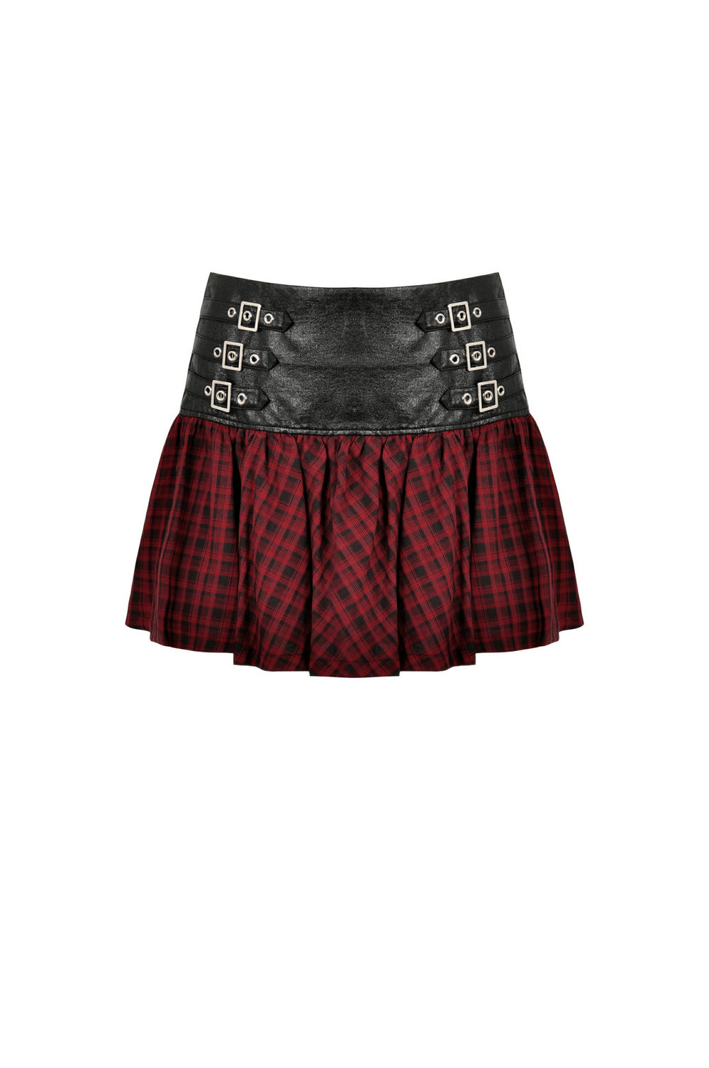 Red and black tartan gothic mini skirt with a wide black faux leather belt and pleated design.