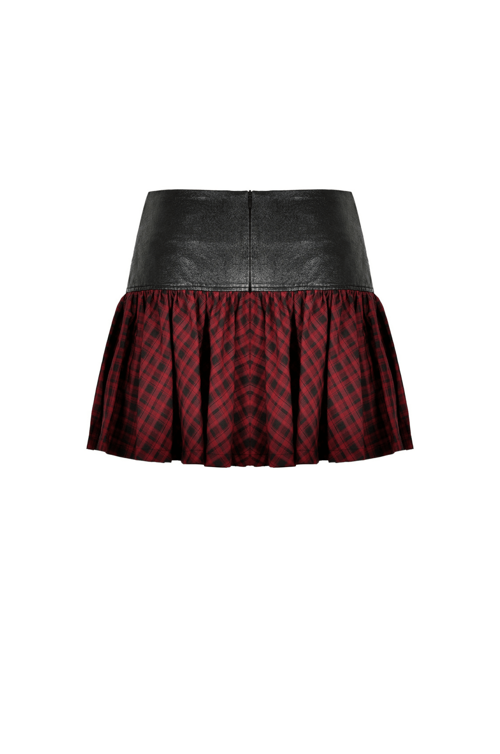 Red and black tartan gothic mini skirt with black faux leather belt, featuring an A-line silhouette and sharp pleats.