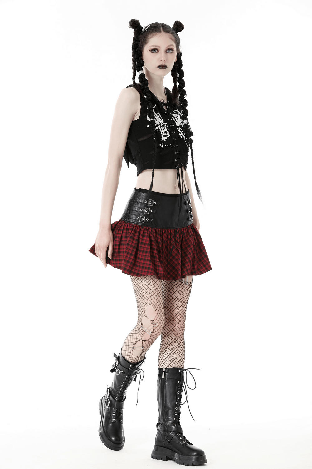 Red and Black Tartan Gothic Mini Skirt with Belt - Main Image