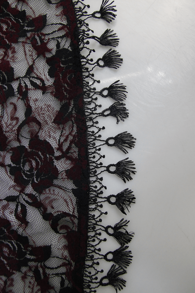 Elegant black and red lace fabric with rose patterns and fringed detailing, perfect for gothic night dresses.