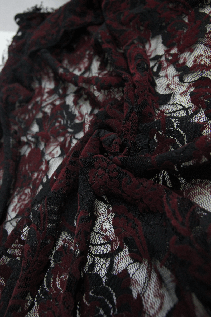 Close-up of elegant black and red lace fabric featuring intricate rose embroidery, perfect for gothic-style night dresses.