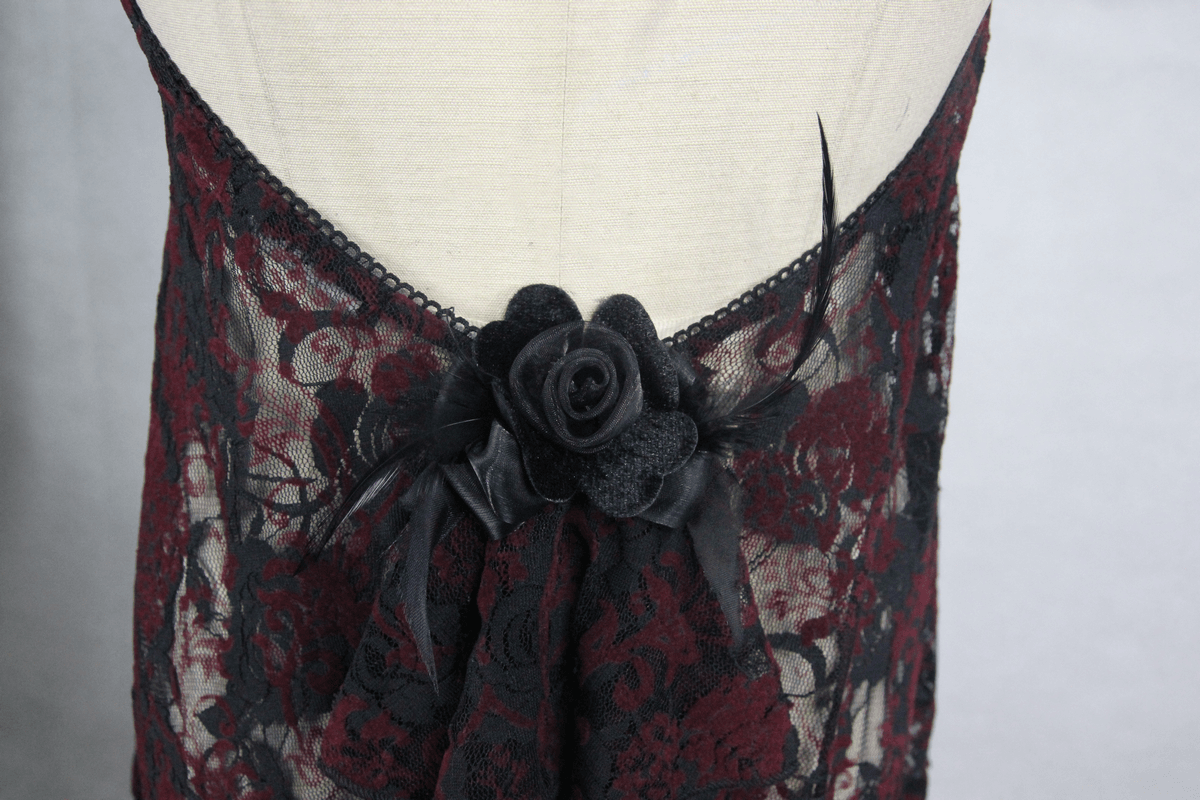 Back view of a gothic red and black lace night dress featuring an exquisite rose detail at the waist.