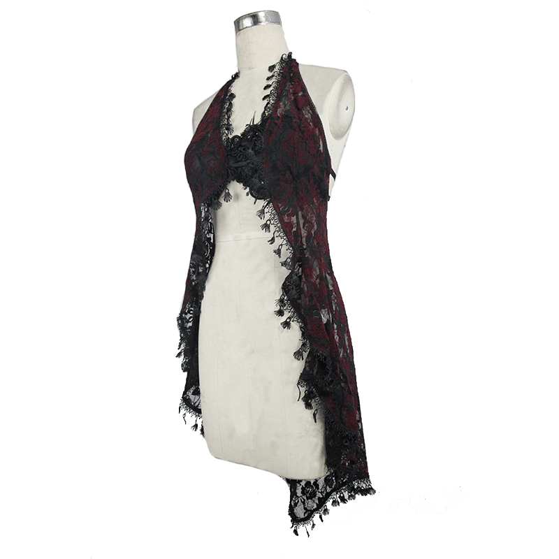 Red and black lace night dress with asymmetrical hem and sexy embroidery, perfect for gothic style lovers.