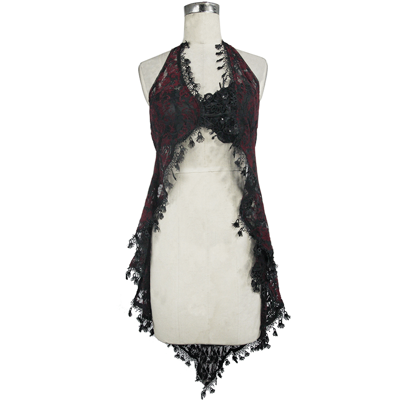 Elegant red and black lace night dress with asymmetric hem and embroidered roses, perfect for gothic fashion lovers.