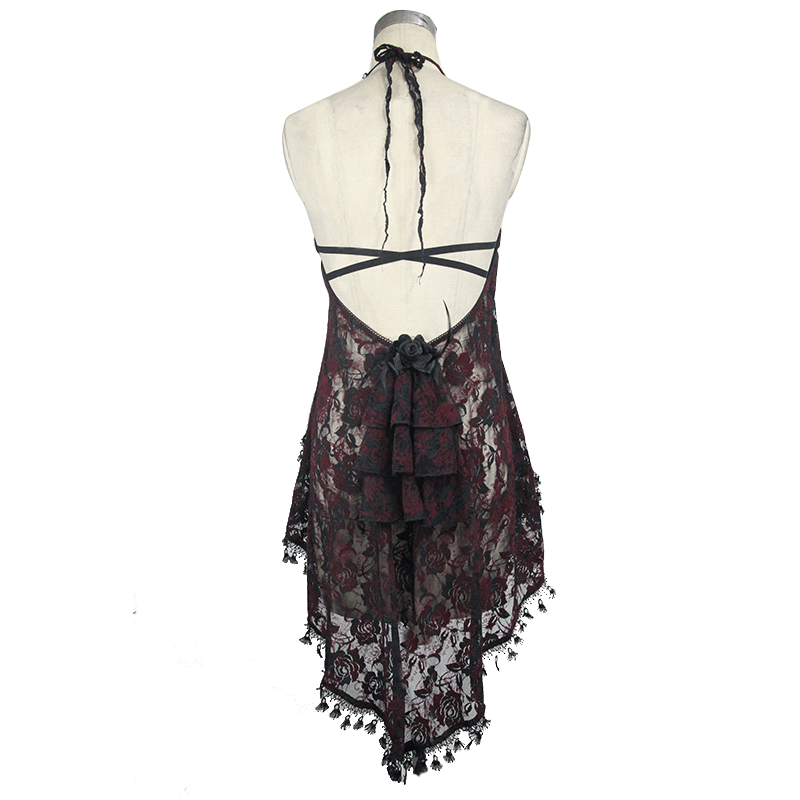 Back view of a red and black lace night dress with asymmetric hem and elegant floral detailing.