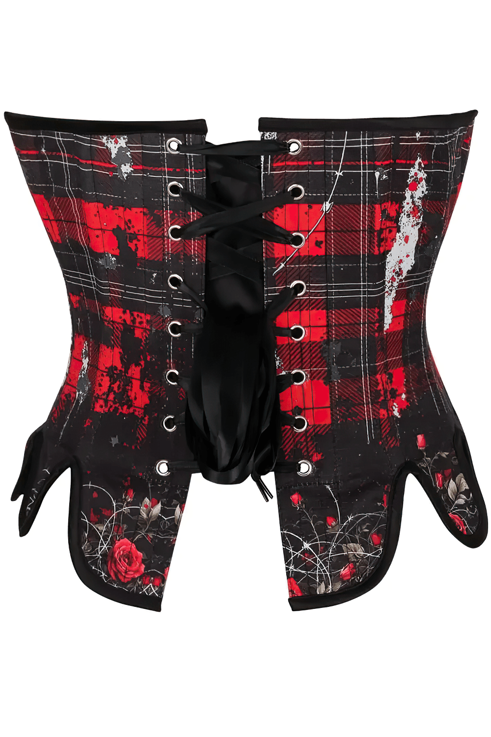 Red Black Tartan Gothic Overbust Corset with Plaid Rose Trim - stylish back view with lace-up detailing and floral design.