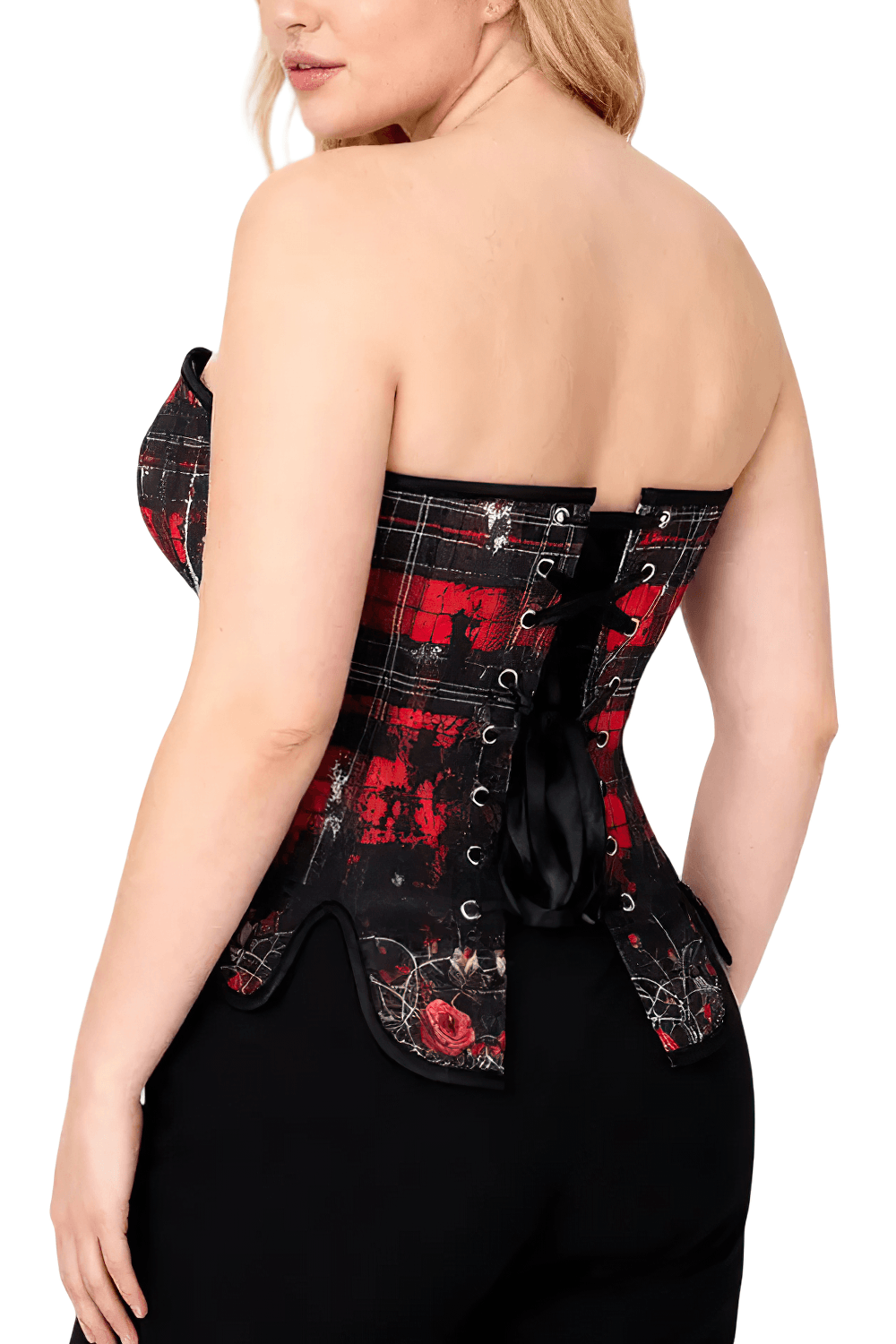 Red Black Tartan Gothic Overbust Corset with Plaid Rose Trim - Back view showing lace-up detail and striking plaid design.