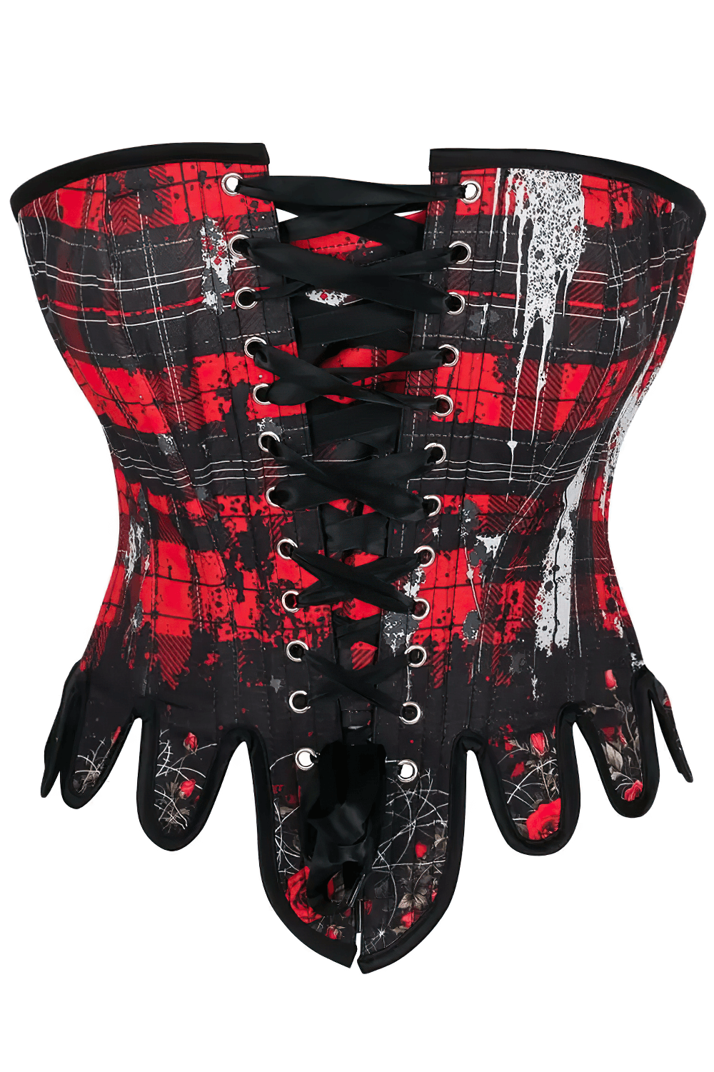 Red Black Tartan Gothic Overbust Corset with Plaid Rose Trim showcasing bold black lace-up detailing and sharp pointed hem tabs.