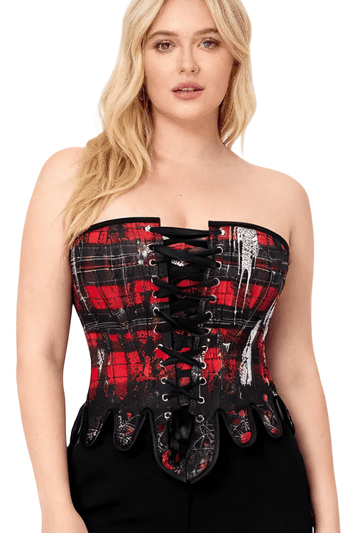 Red Black Tartan Gothic Overbust Corset with Plaid Rose Trim