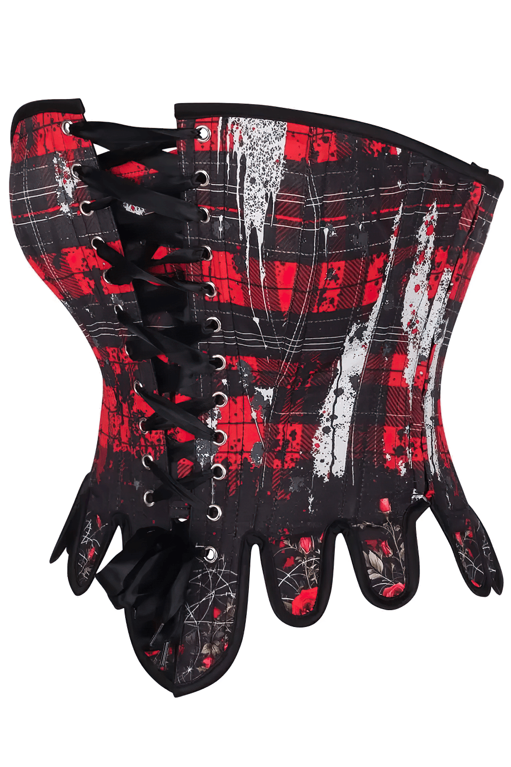 Red Black Tartan Gothic Overbust Corset with Plaid Rose Trim showcasing bold lace-up detailing and unique pointed hem tabs.