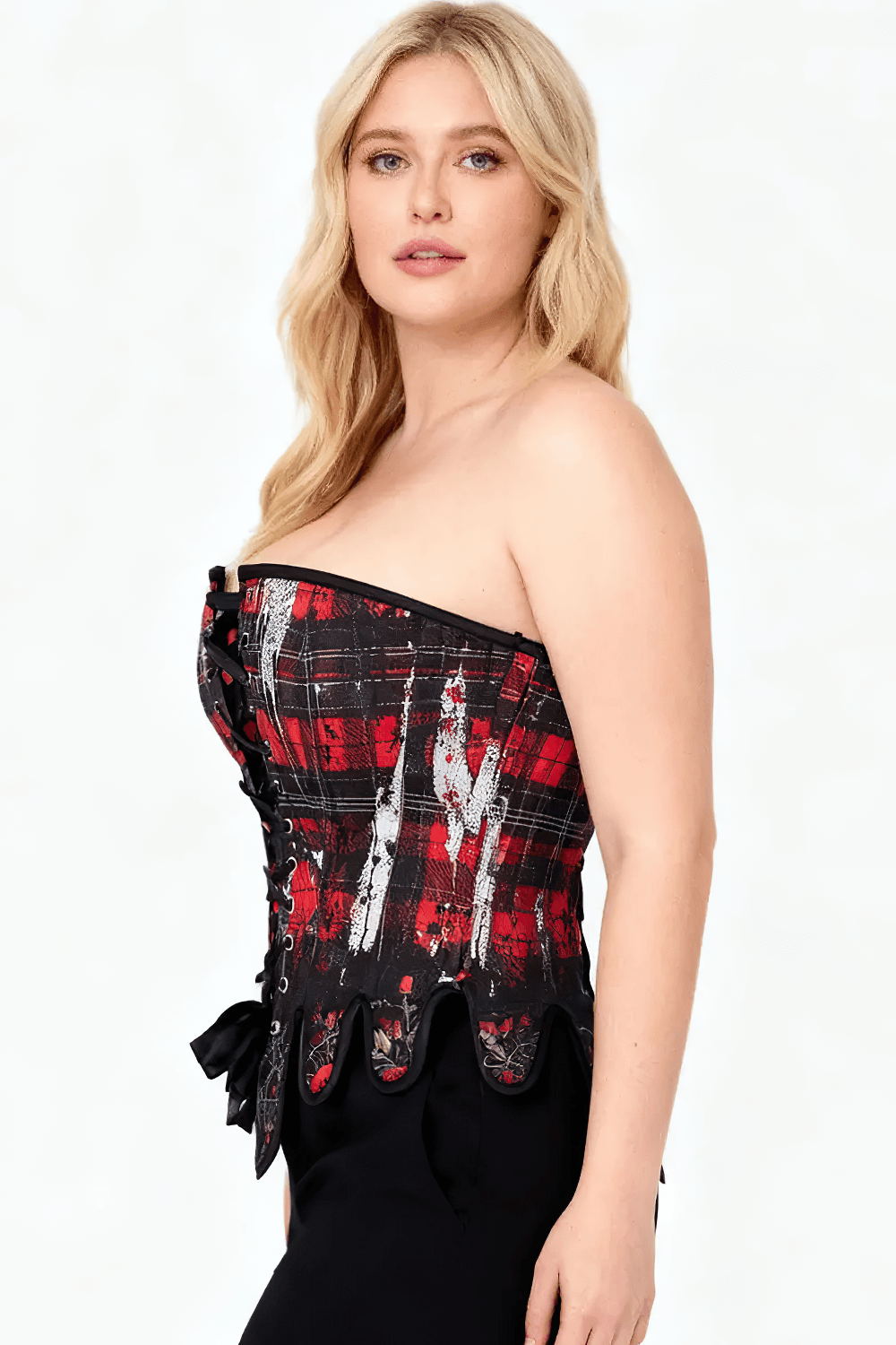 Red Black Tartan Gothic Overbust Corset with Plaid Rose Trim showcasing a strapless design and bold plaid details.