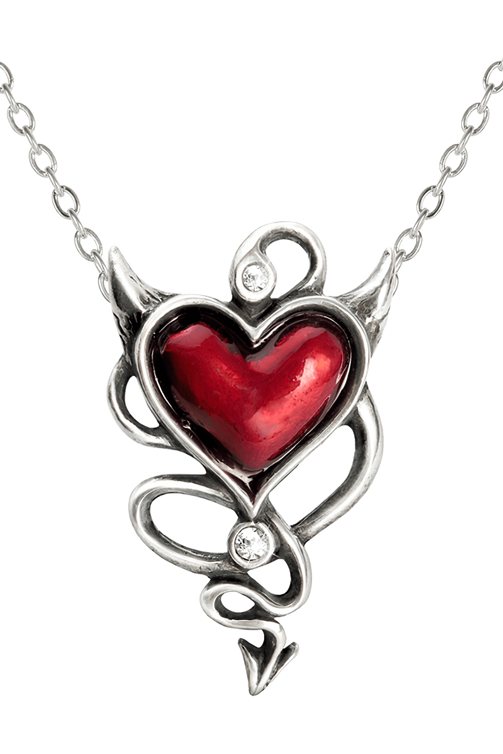 Red devil heart pendant necklace with gothic chain detail, polished pewter and crystal accents.