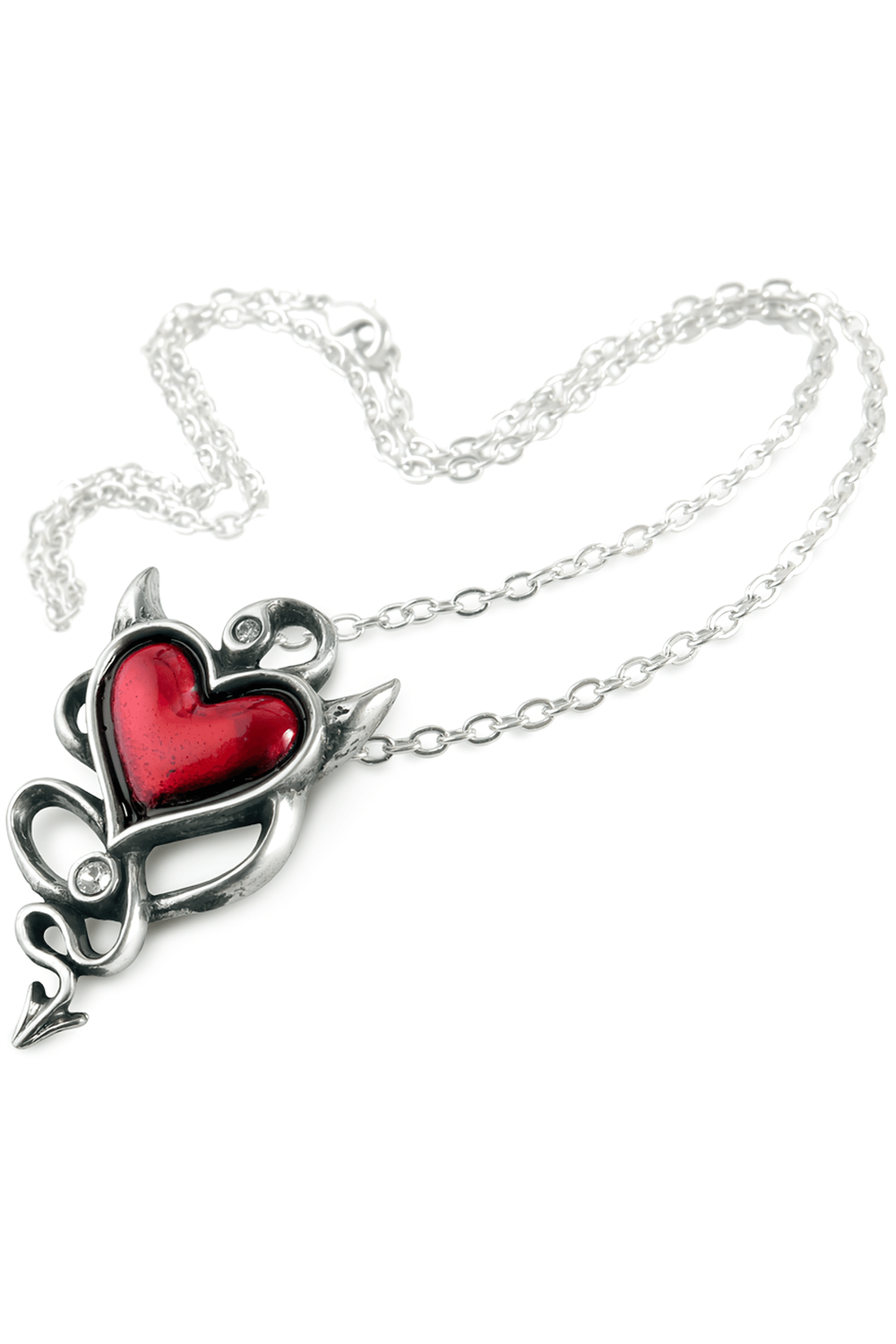 Red devil heart pendant necklace with gothic design and crystal accents, perfect for expressing passionate rebellion.