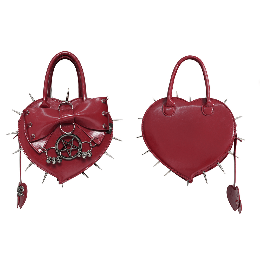Red Gothic Heart Handbag with Spikes and Pentagram