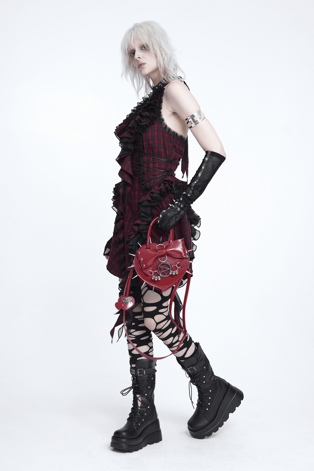 Red Gothic Heart Handbag with Spikes and Pentagram