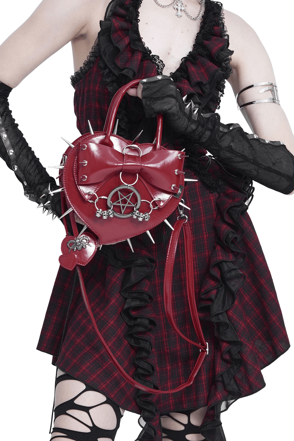 Red Gothic Heart Handbag with Spikes and Pentagram
