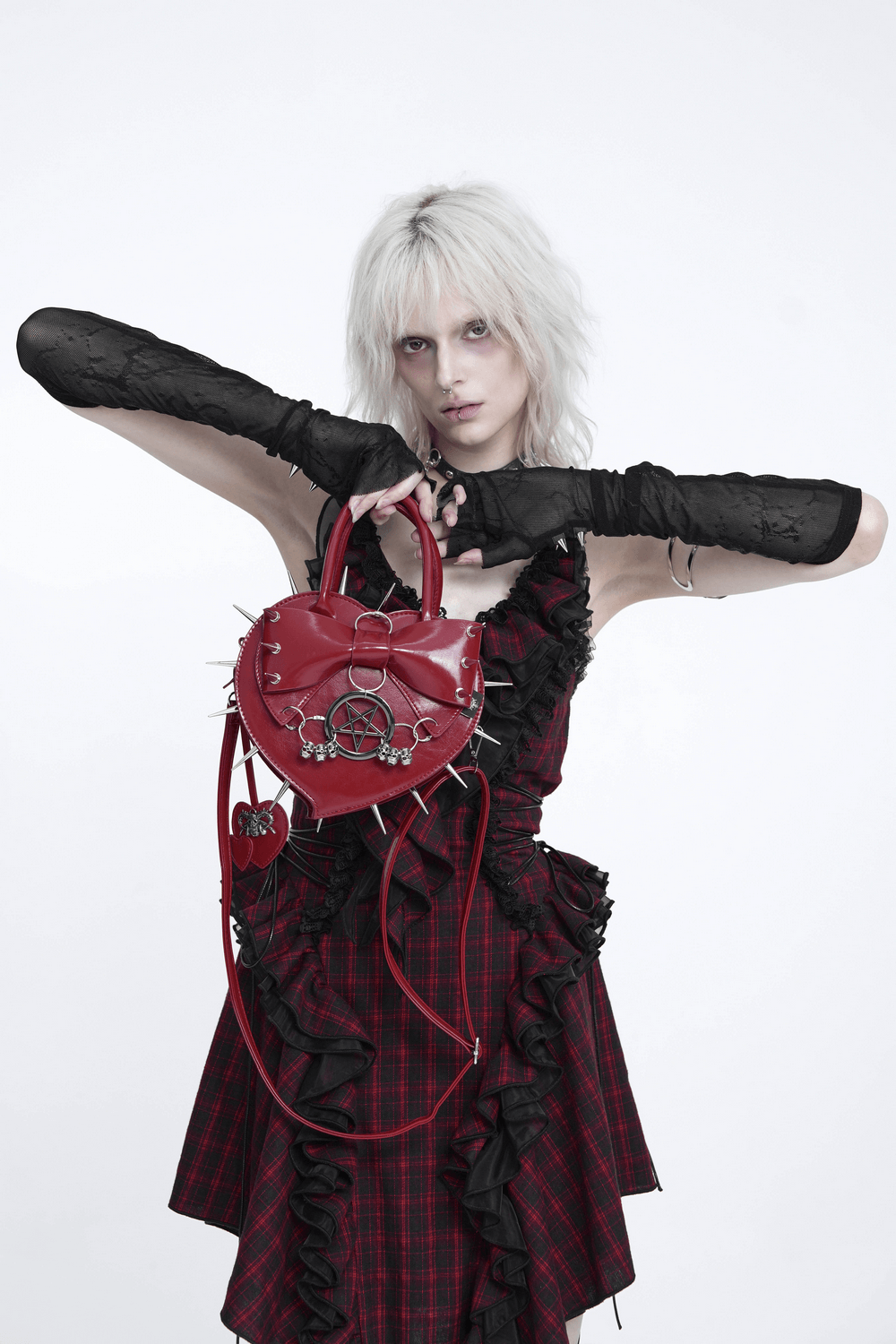 Red Gothic Heart Handbag with Spikes and Pentagram