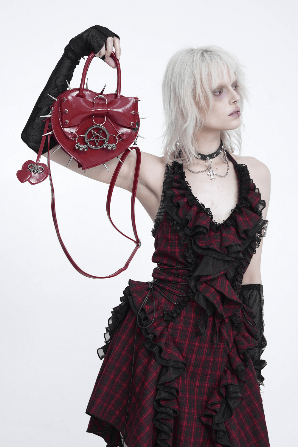 Red Gothic Heart Handbag with Spikes and Pentagram
