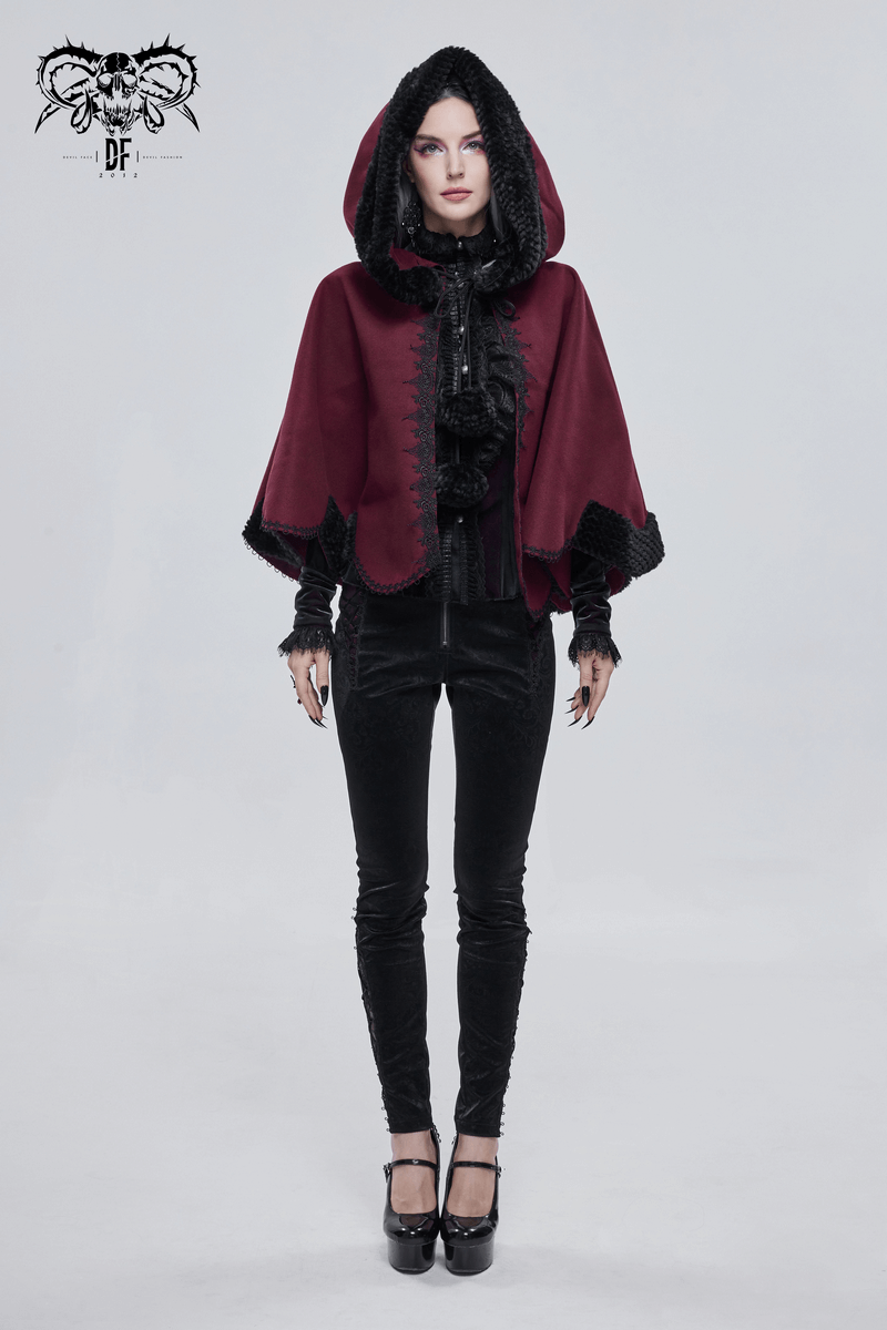 Red gothic hooded cloak with black fur and pompons, perfect for stylish women's outfits.