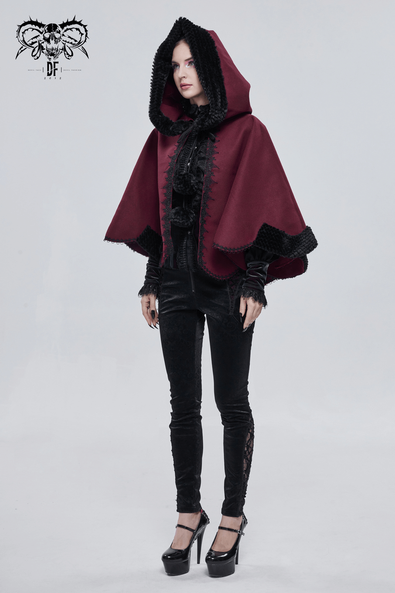 Red gothic short hooded cloak with black fur trim and pompons, perfect for stylish women's gothic fashion.