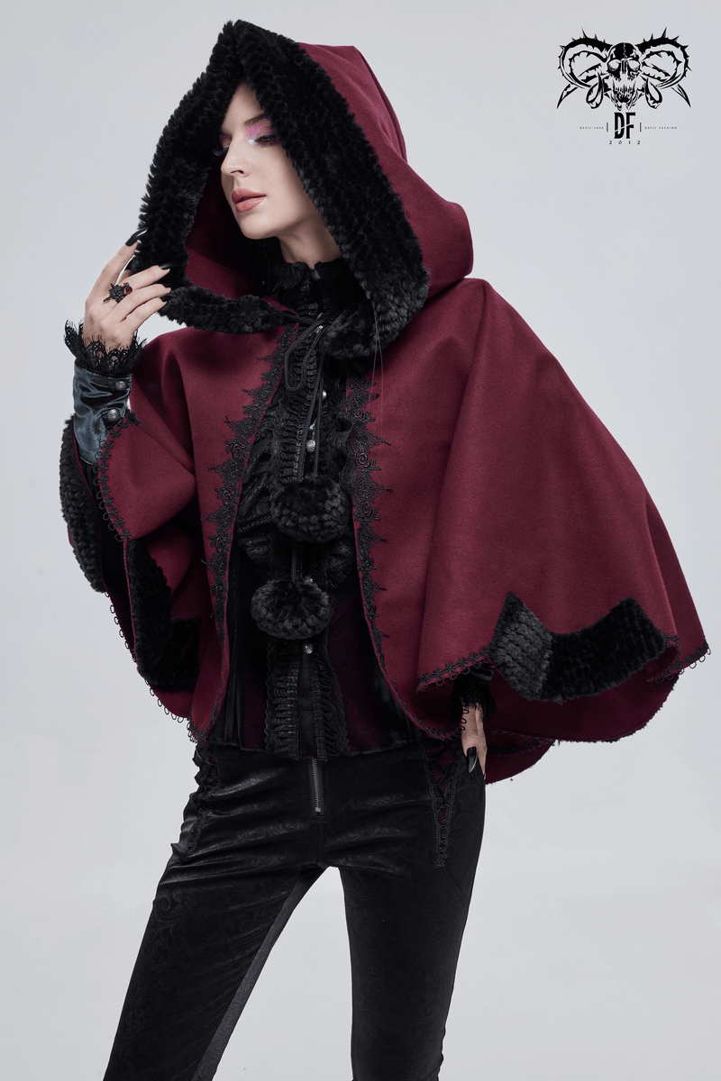 Stylish red gothic hooded cloak with black fur and pompons, perfect for women's trendy gothic outfits.