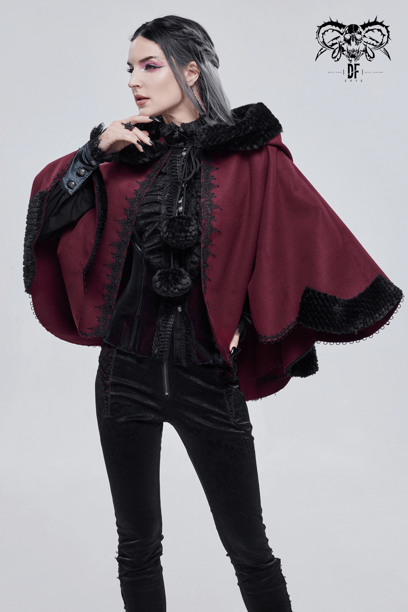 Trendy red gothic short hooded cloak for women with black fur and cute pompons, perfect for a stylish gothic look.